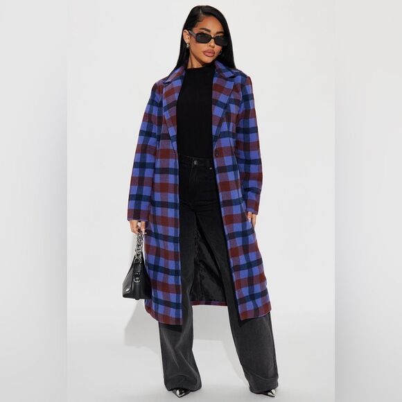 Hunter & Brown Mid‎ Length Long Plaid Jacket Trench Coat Size Small - Picture 1 of 14